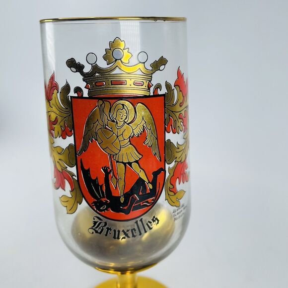 VTG Bruxelles Brussels Belgium Gold Rim Beer Glass 7" Coat of Arms Souvenir - Picture 2 of 8